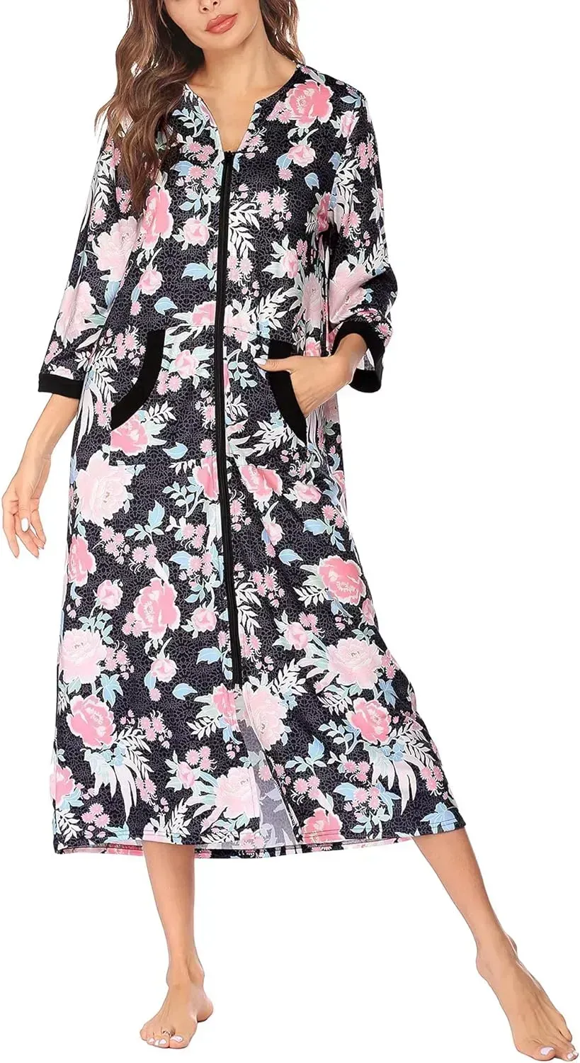 Women Zipper Robe 3/4 Sleeves Loungewear Dress Full Length Sleepwear Pockets Housecoat Nightgown Long Bathrobe