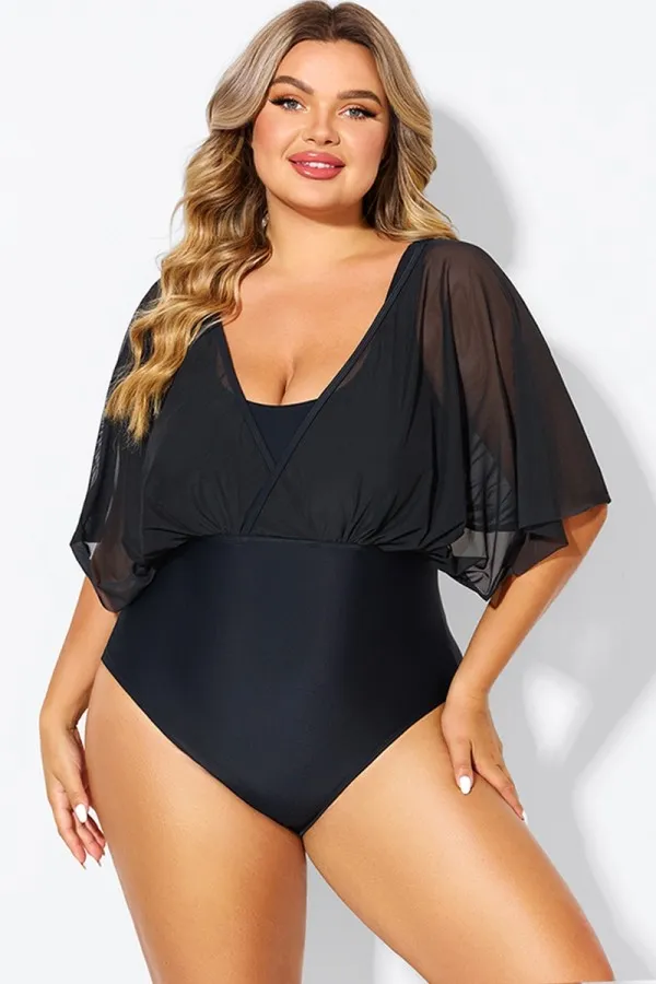 Solid Black Mesh Patchwork One Piece Swimsuit