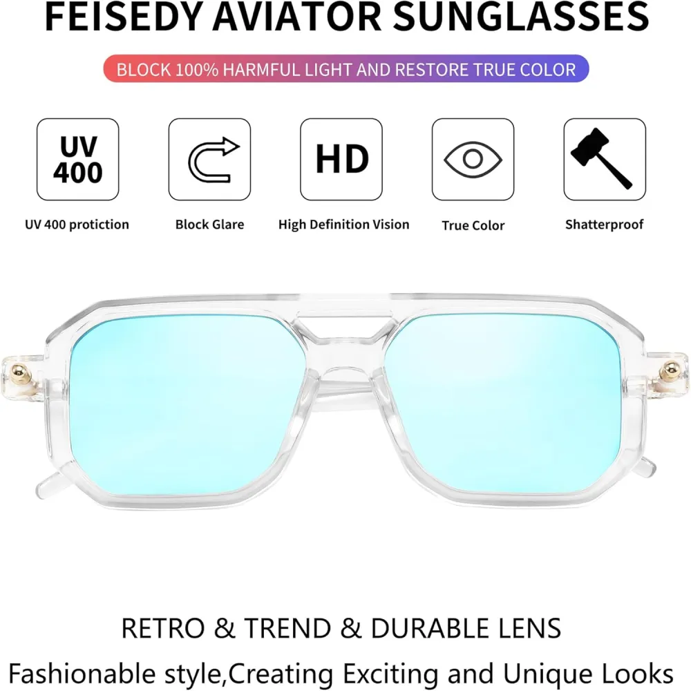 FEISEDY Vintage Square 70s Flat Aviator Sunglasses Women Men Classic Retro Stylish Frame UV400 Sunglasses B2622