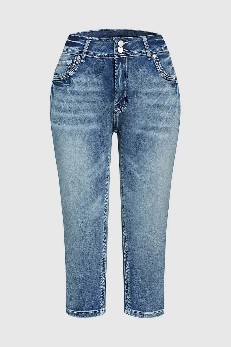 Washed Button Up Rolled Hem Low Rise Capri Jeans