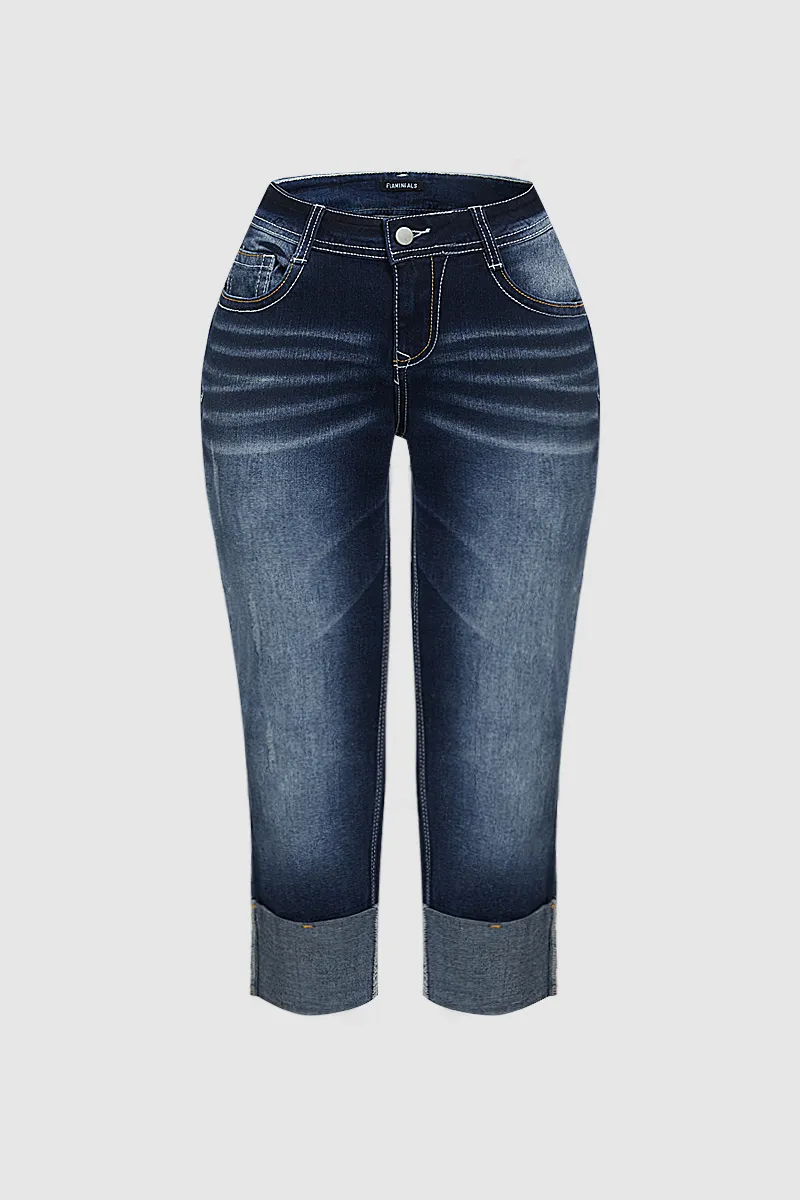 Ripped Stitch Pocket Wash Stretchy Low Waist Capri Jeans