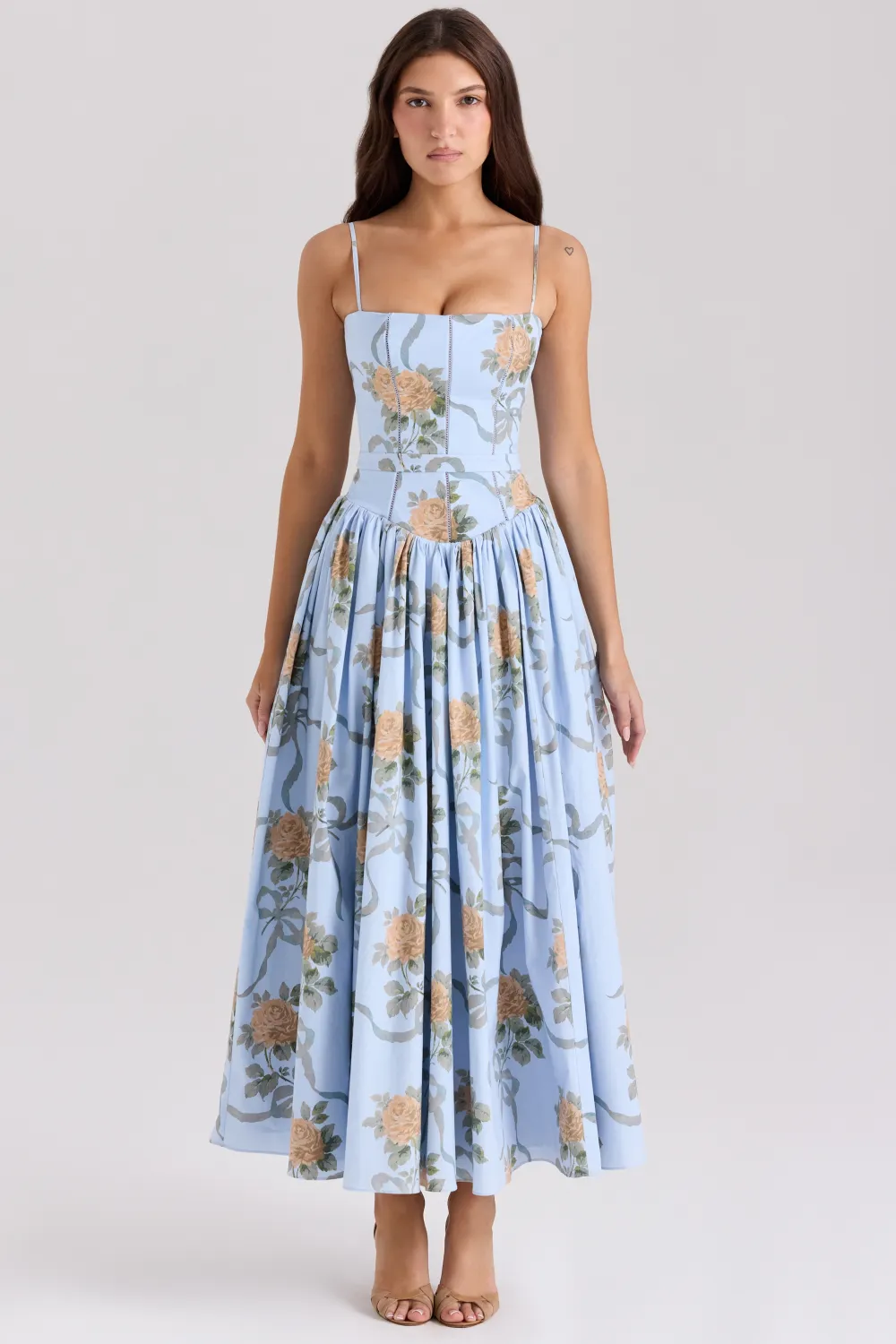 Blue Daisy Print Stretch Cotton Midi Sundress