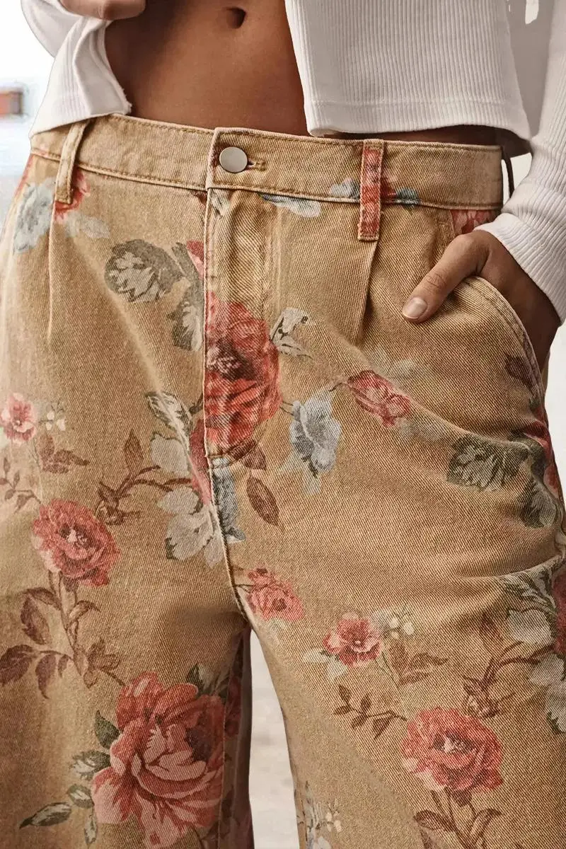 Floral Print Mid Waist Wide Leg Crop Pants