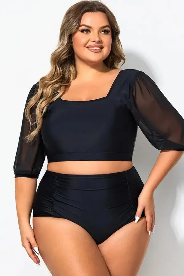 Square Neck Short Mesh Puff Sleeve Bikini Top