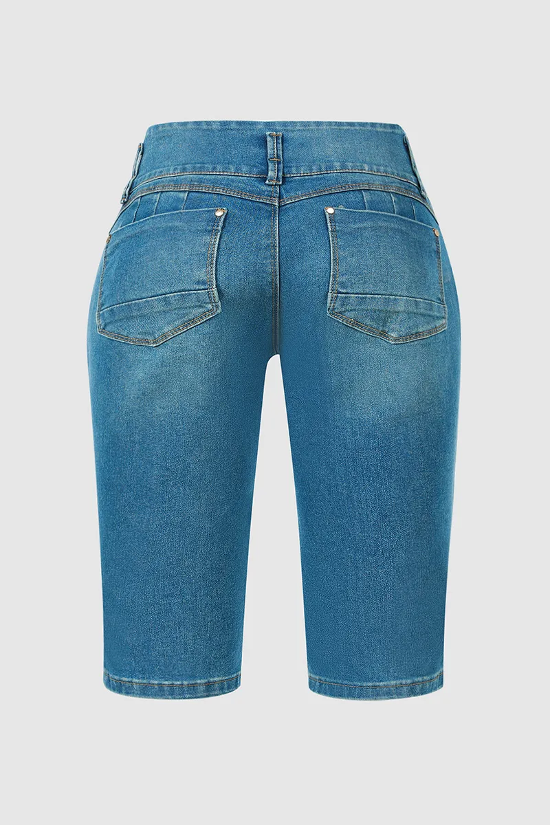 Button Fly Wash High Stretch Mid Waist Capri Jeans