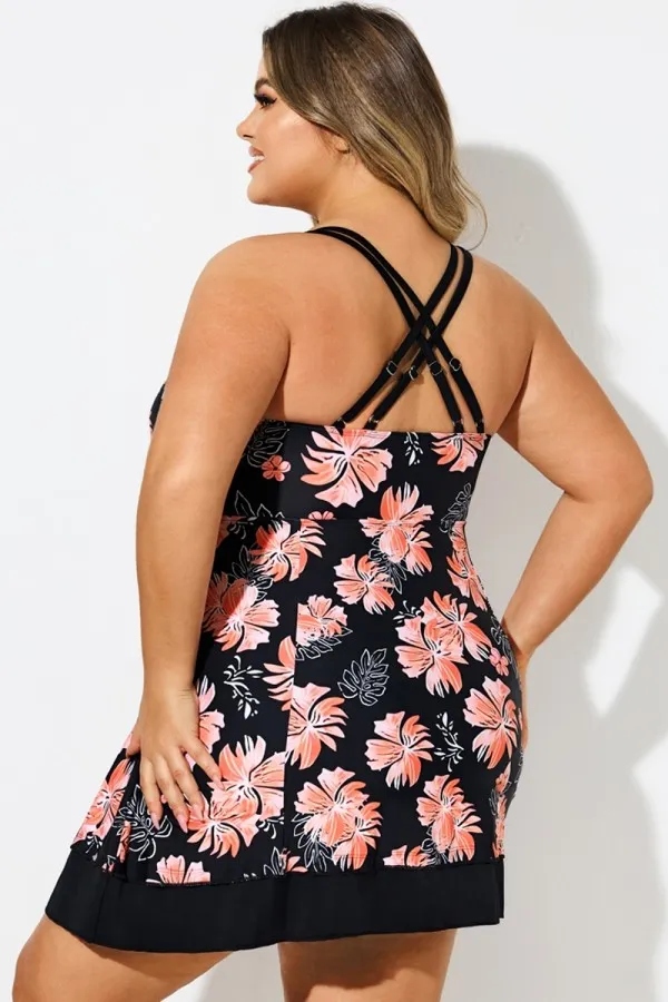 Plus Size Floral Print V-Neck Crisscross Back Swimdress