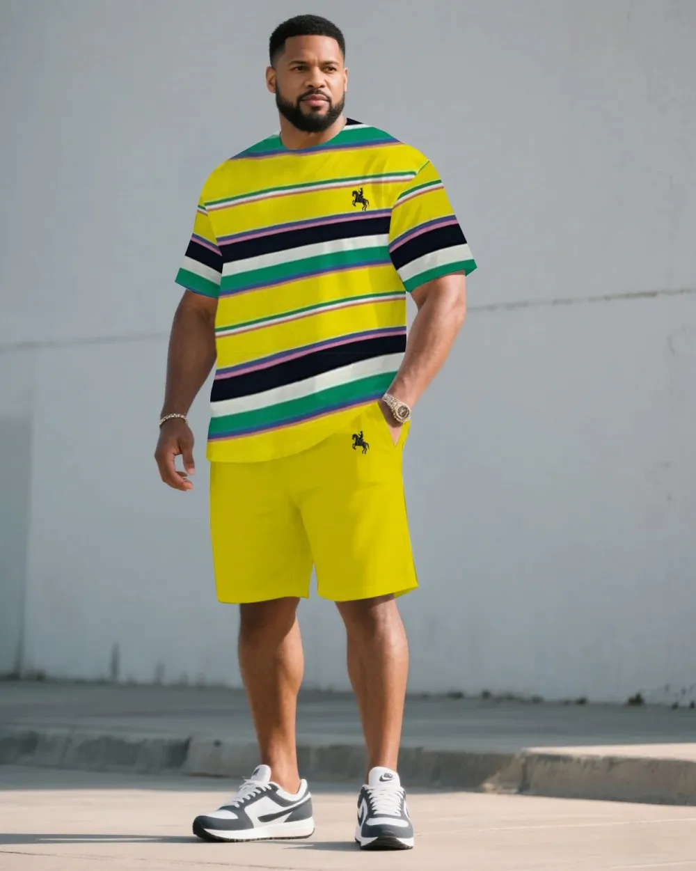 Men'S Plus Size Teeth Buy Striped Fabric Chest Small Label Short Sleeve T-Shirt Shorts Suit