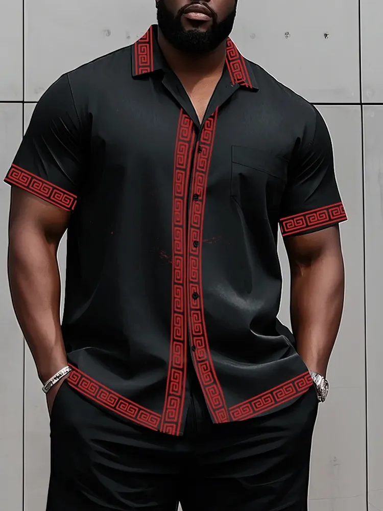 Big Man'S Retro Daily Casual Edge Color Block Printing Short Sleeve Shirt Shorts Suit