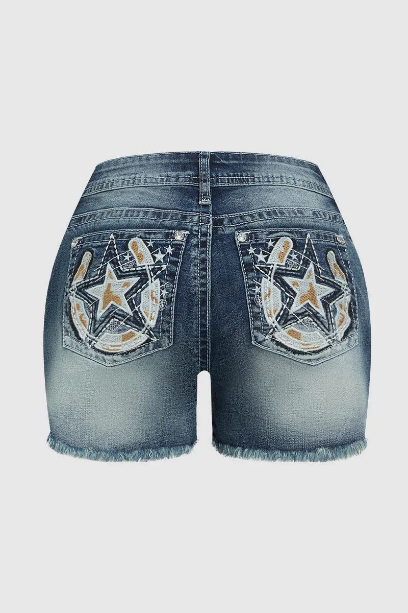 Star Embroidery Stitch Detail Mid Waist Denim Shorts