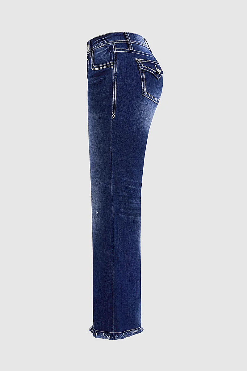 Raw Hem Double Button Mid Waist Straight Leg Jeans