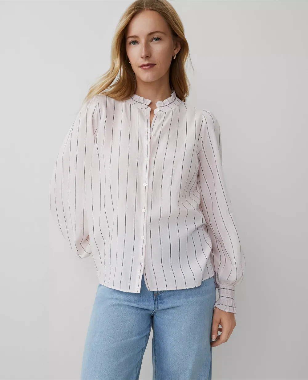 Striped Cutout Smocked Cuff Blouse