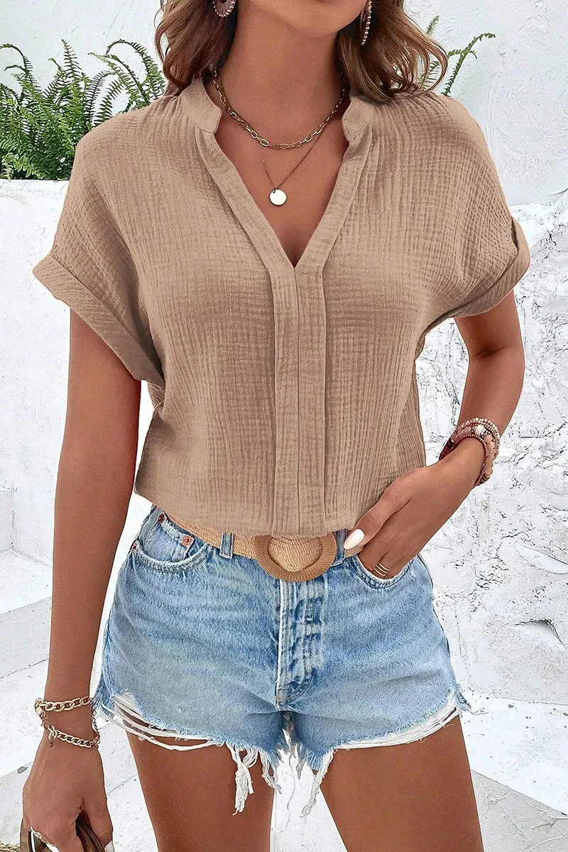 Solid Roll Sleeve Notched Neck Blouse