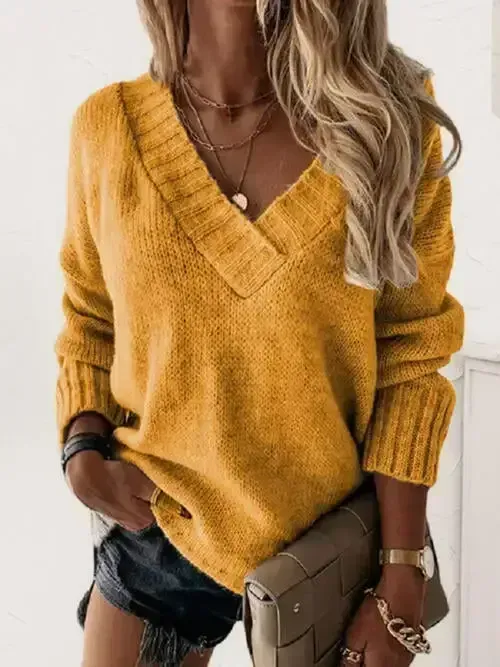 V-Neck Long Sleeve Knit Top Sweater AC