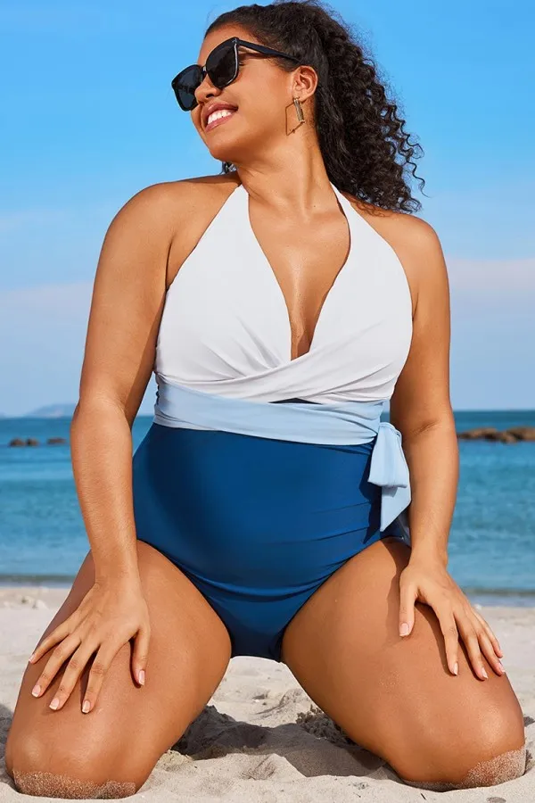 Colorblock Halter Wrap Design One Piece Swimsuit