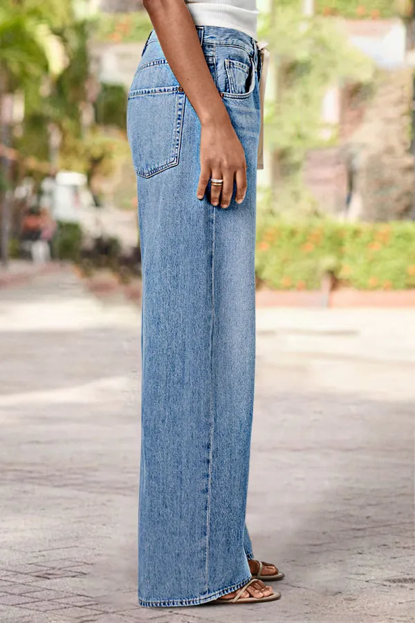 Wash Drawstring High Rise Straight Leg Jeans