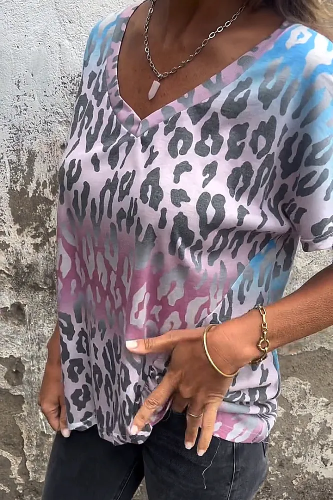 Women's Leopard print gradient V-neck strap casual T-shirt