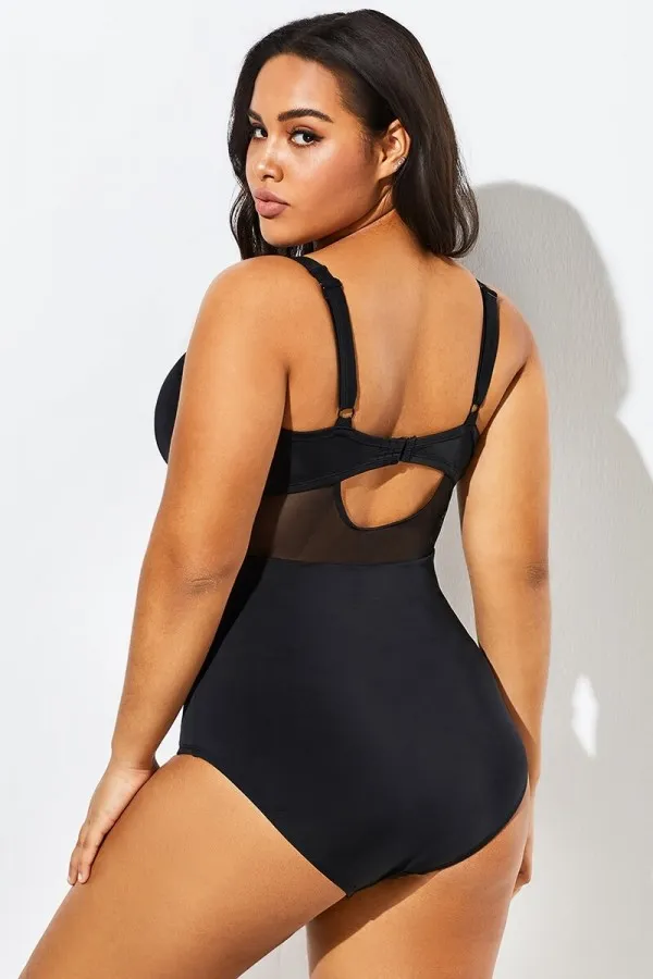 Black Cut Out Mesh Underwire One Piece Swimsuit
