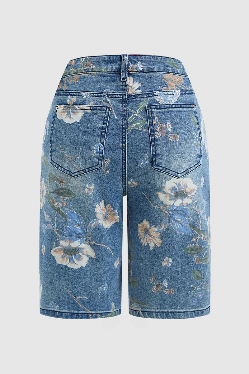 Floral Print High Rise Straight Leg Denim Bermuda Shorts
