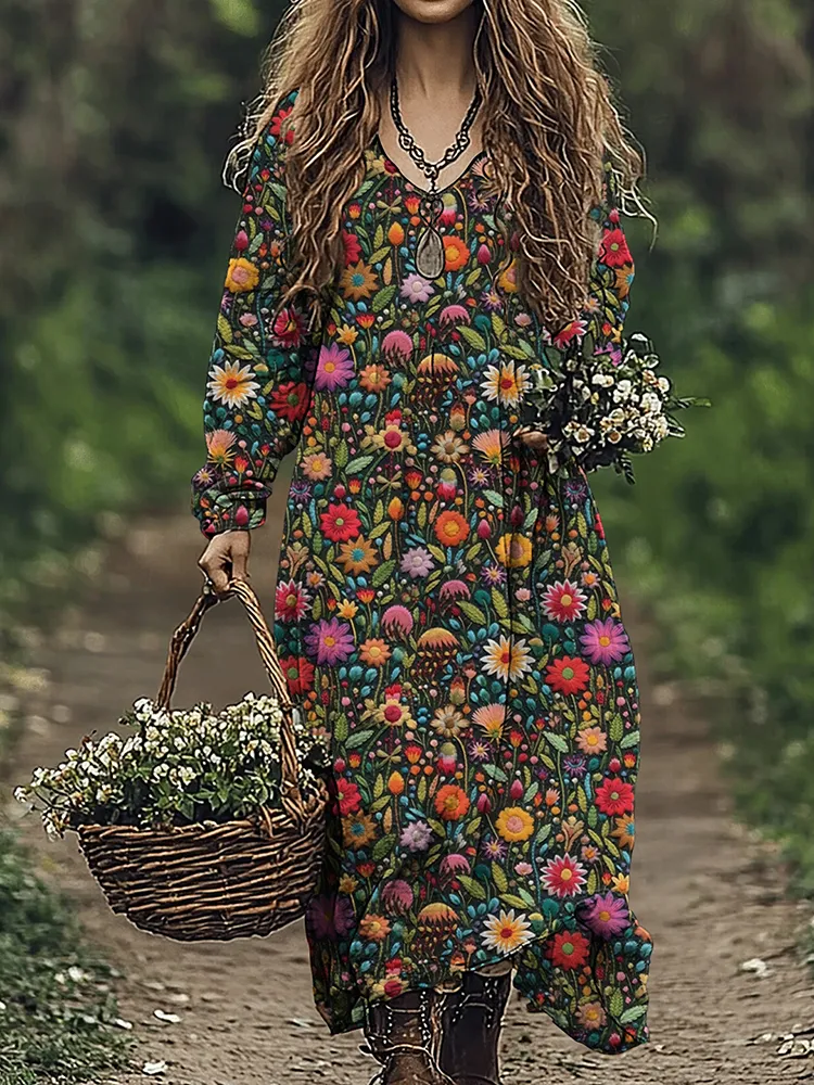 Boho Floral Embroidered Art Linen Blend Maxi Dress
