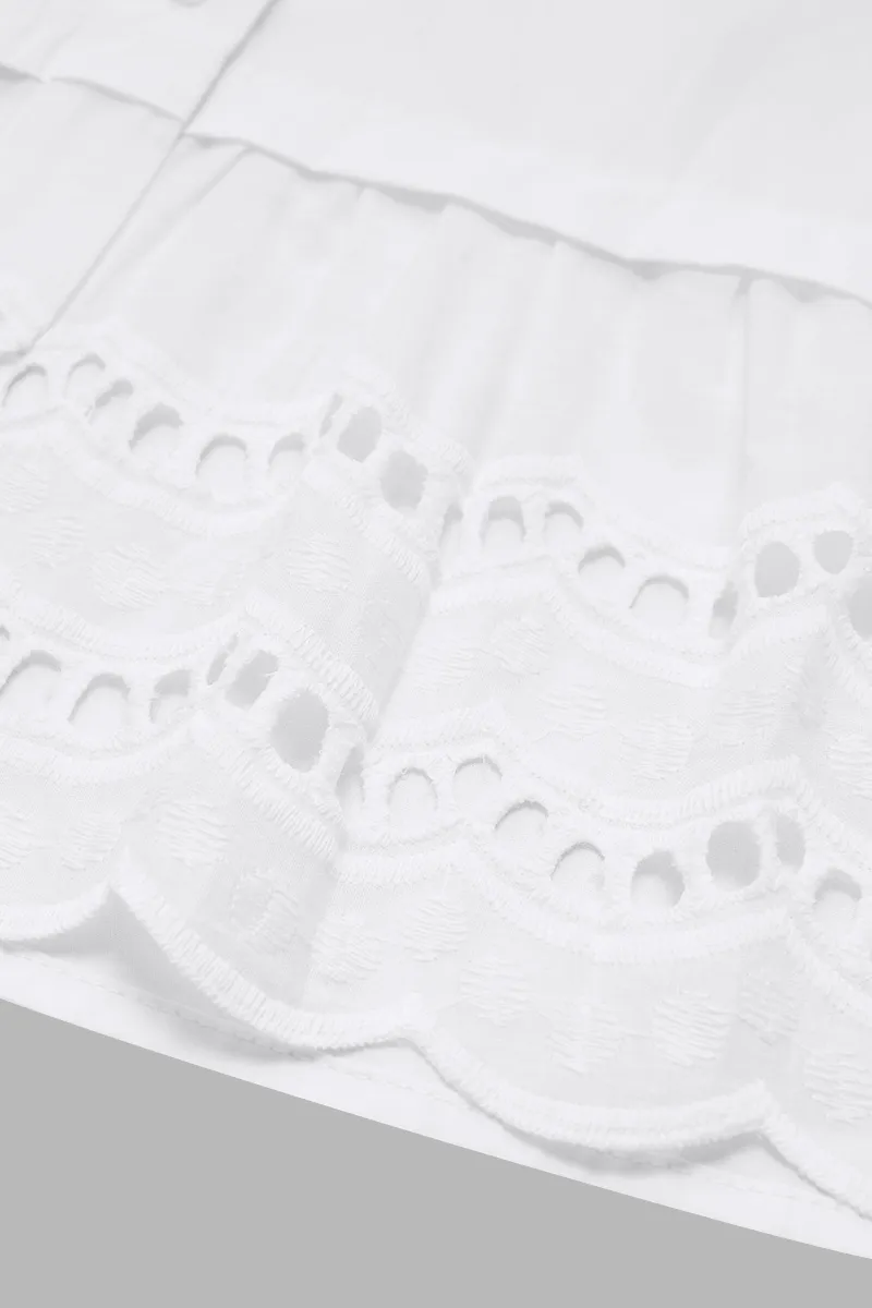Solid Eyelet Embroidery Scallop Trim Bell Sleeve Shirt