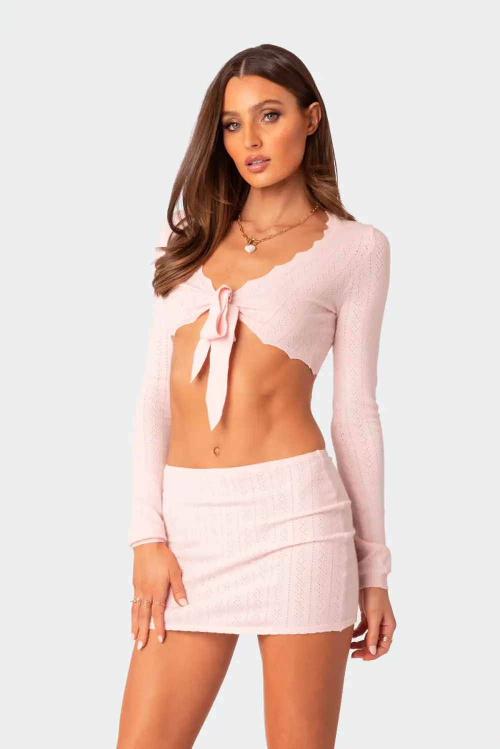 Pointelle Tie Front Knit Crop Top