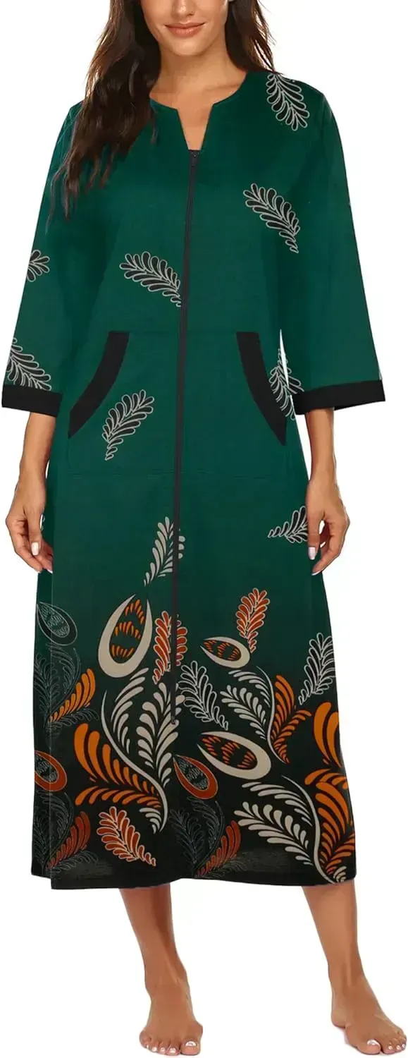 Women Zipper Robe 3/4 Sleeves Loungewear Dress Full Length Sleepwear Pockets Housecoat Nightgown Long Bathrobe