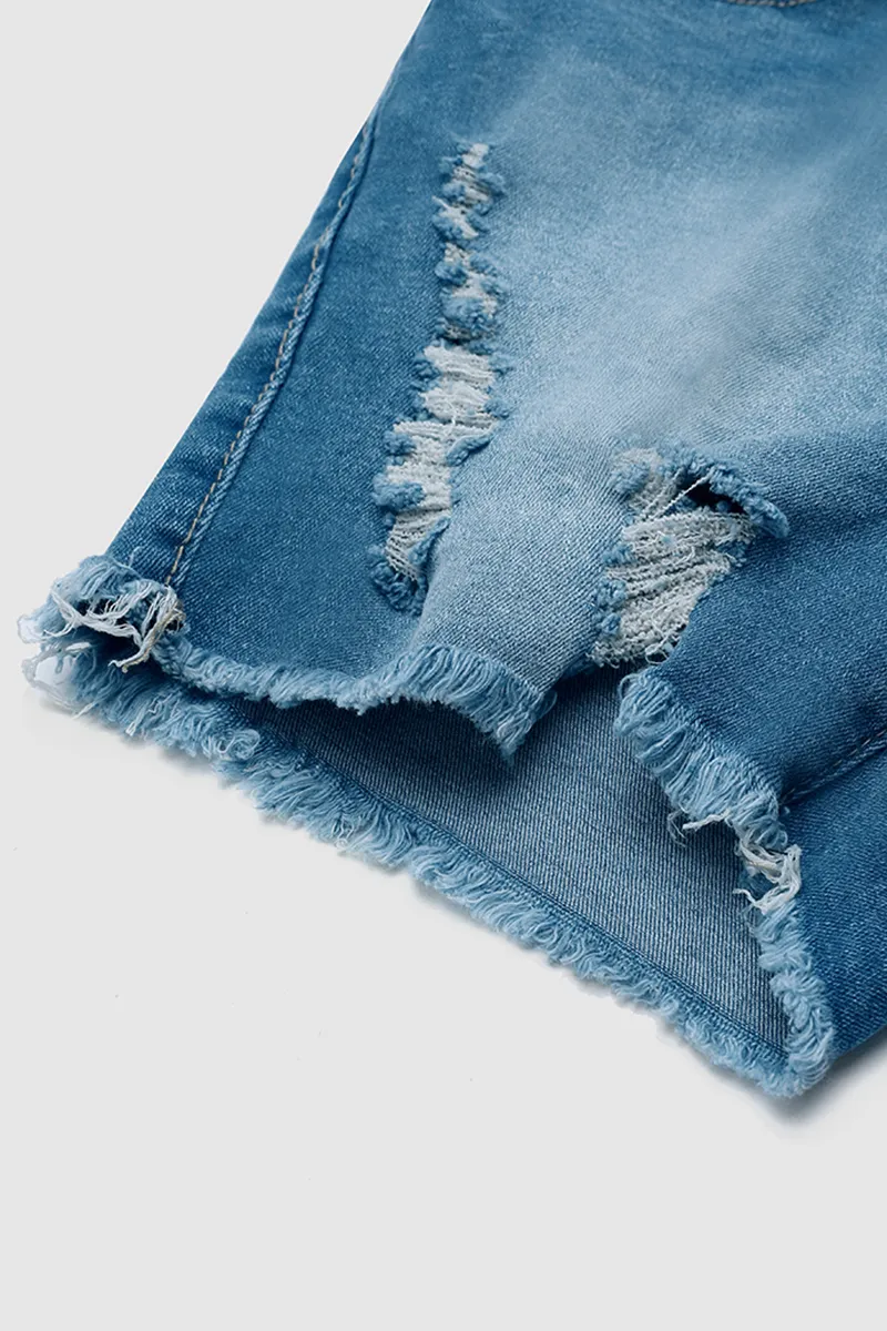 Wash Ripped Raw Hem High Waist Denim Shorts
