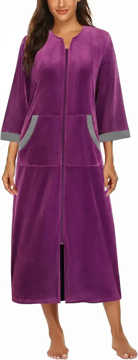 Women Zipper Robe 3/4 Sleeves Loungewear Dress Full Length Sleepwear Pockets Housecoat Nightgown Long Bathrobe