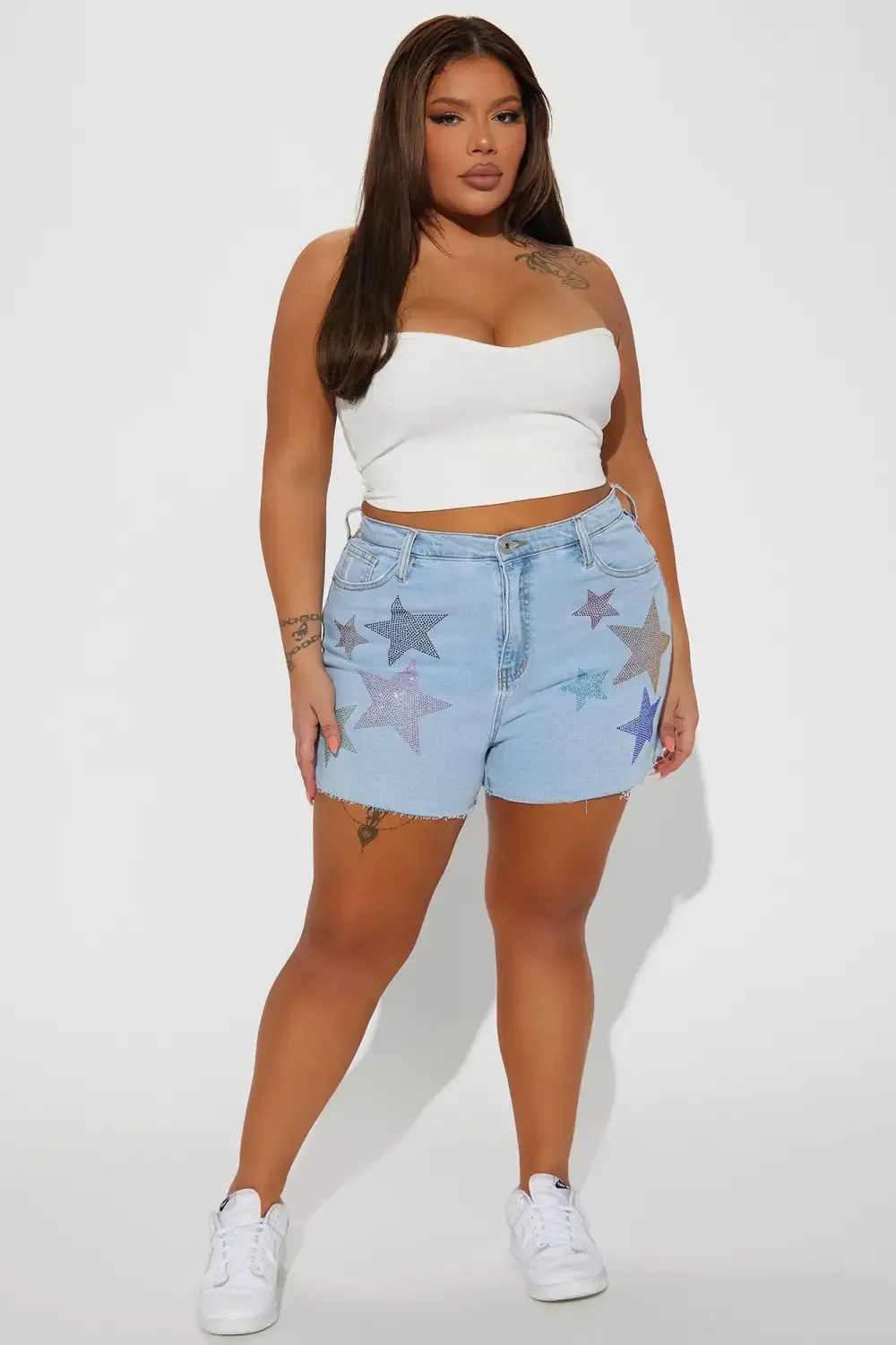 Star Power Embellished Low Stretch Denim Shorts - Light Blue Wash