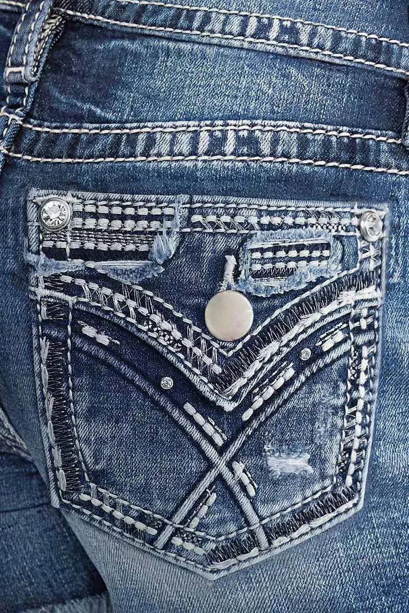 Ripped Raw Hem Rhinestone Detail Mid Waist Denim Shorts