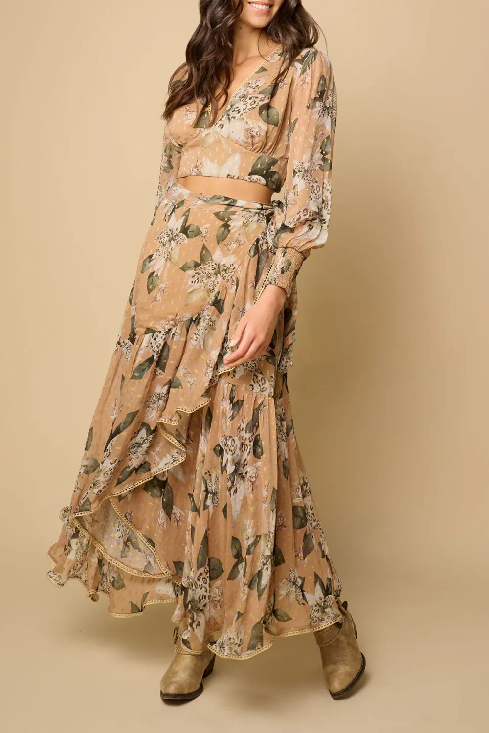 Tan And Brown Botanical Print Maxi Skirt