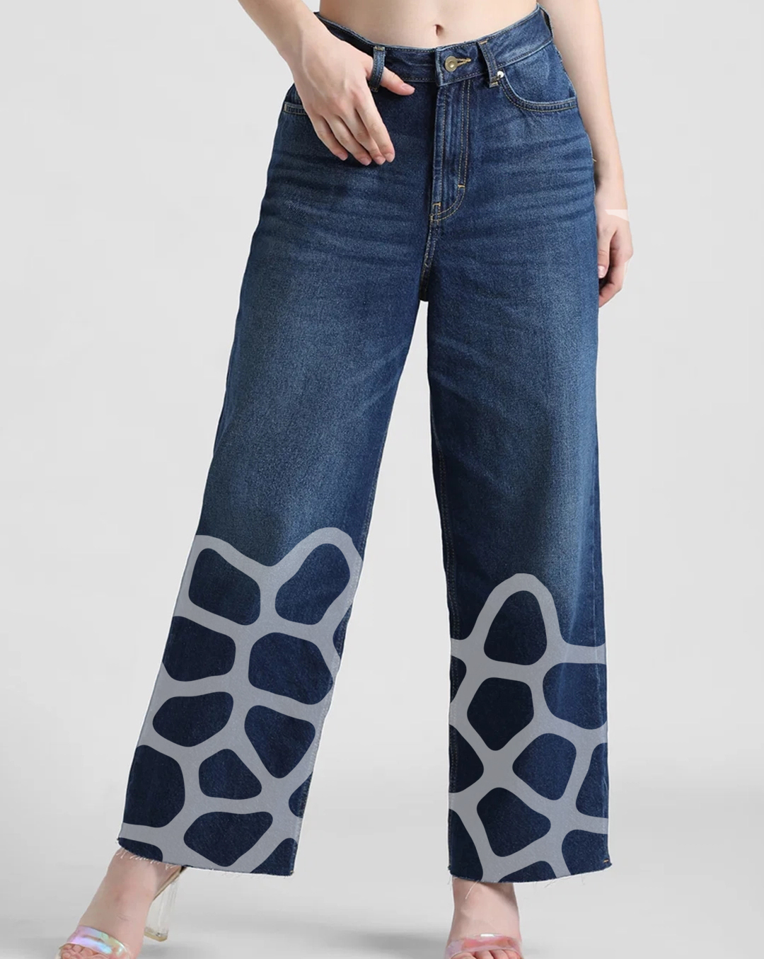 Blue Wide Leg Cropped Giraffe Print Jeans