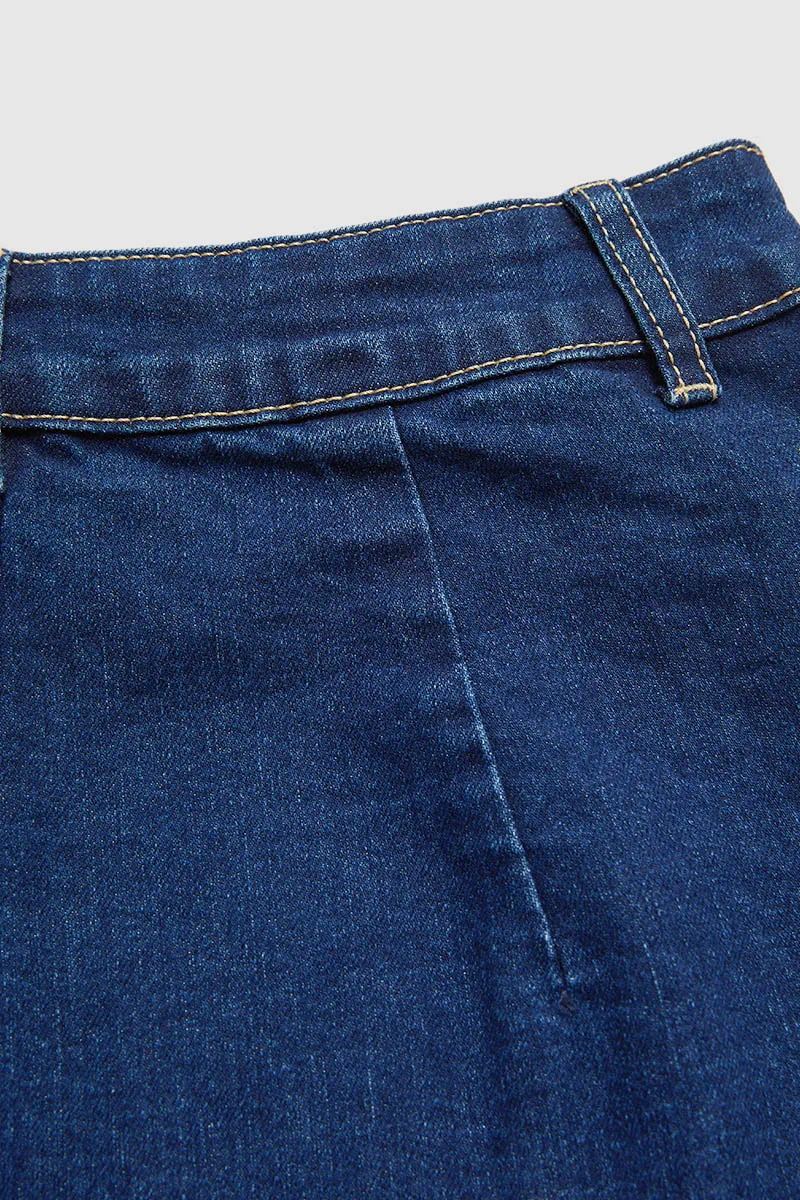 Button Fly Split Mid Waist Midi Denim Skirt