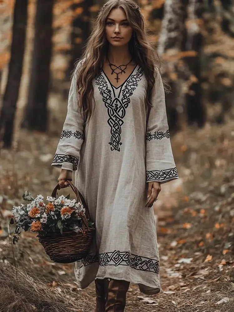 Vintage Viking Celtic Cotton Linen Maxi Dress