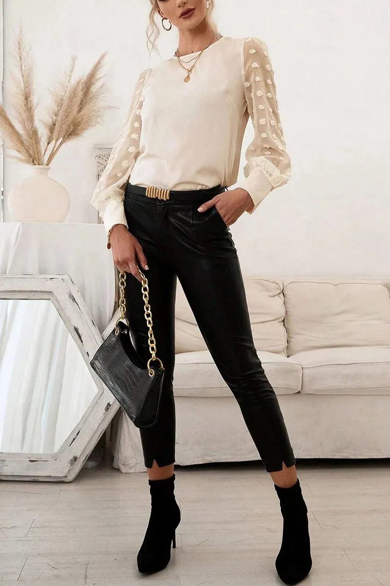 Swiss Dot Lantern Sleeve Keyhole Back Blouse