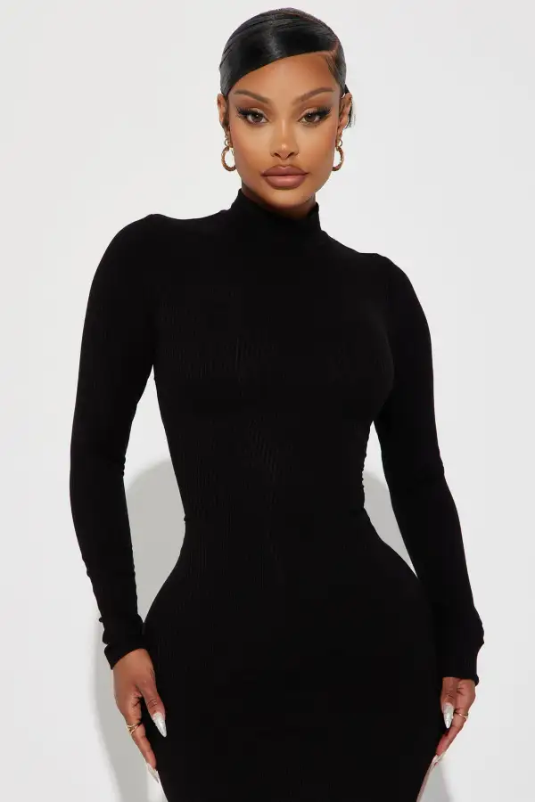 Ashley Ribbed Midi Dress - Black