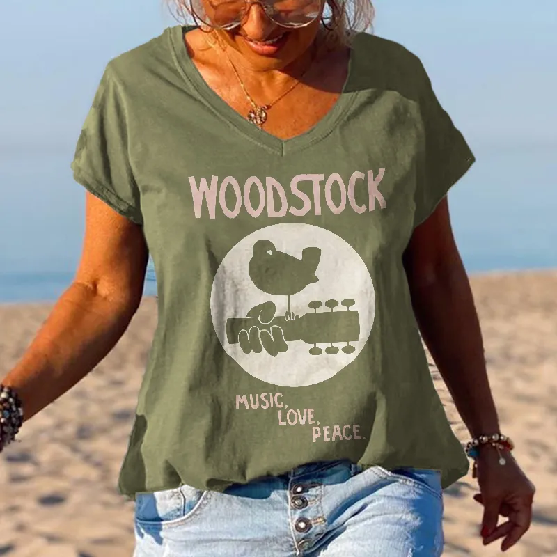 Woodstock Music Love Peace Printed Casual Graphic Tees