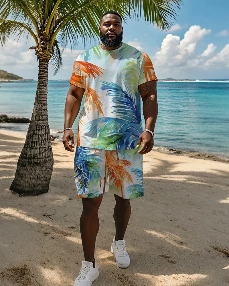 Big & Tall Men's Colorful Coconut Graffiti Print T-Shirt and Shorts Suit