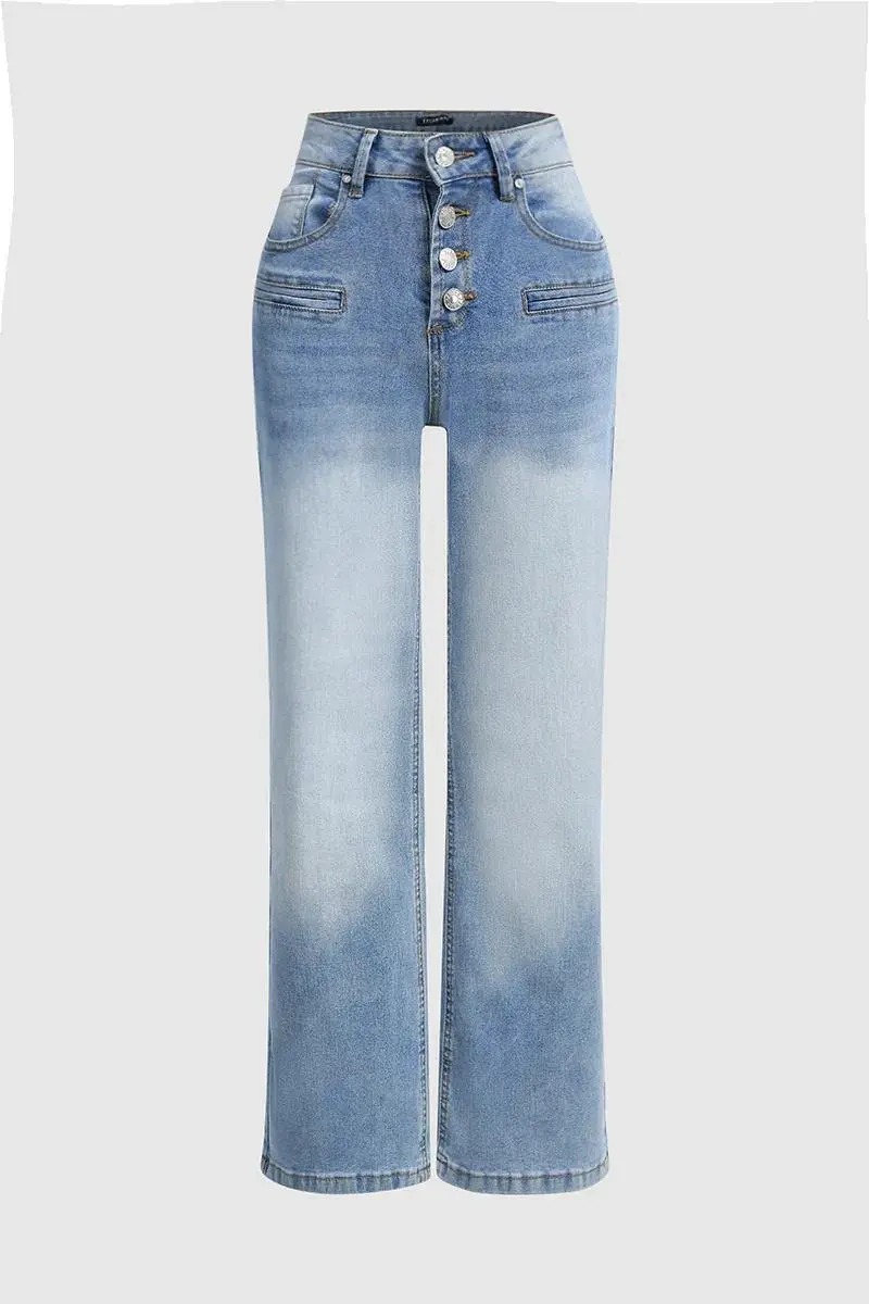 Button Fly Wide Leg Mid Rise Jeans Without Belt