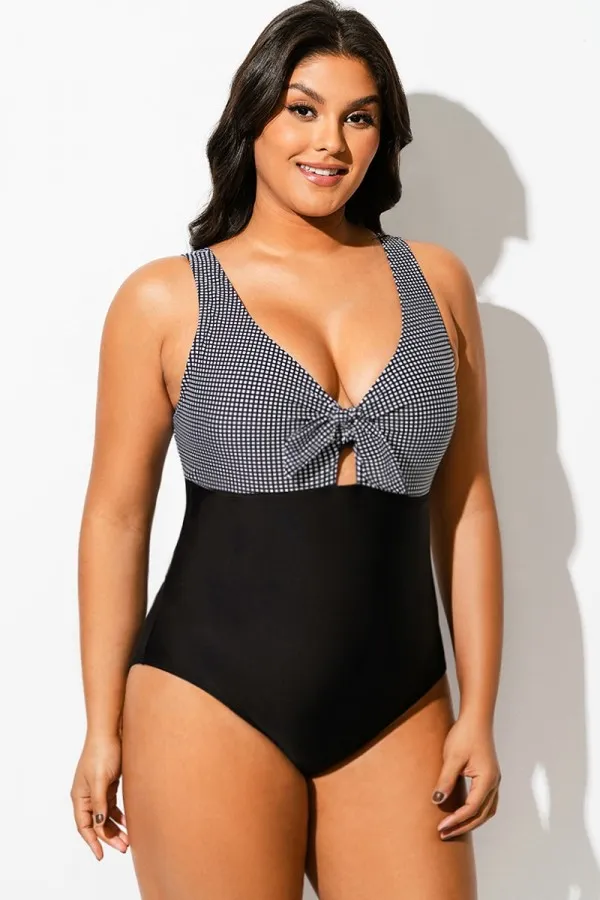 Black Checkers Front Knot One Piece Swimsuit
