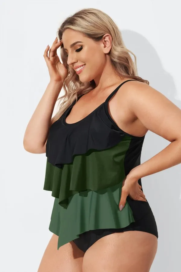 Colorblock Contrast Ruffle Layered Hem Tankini Top