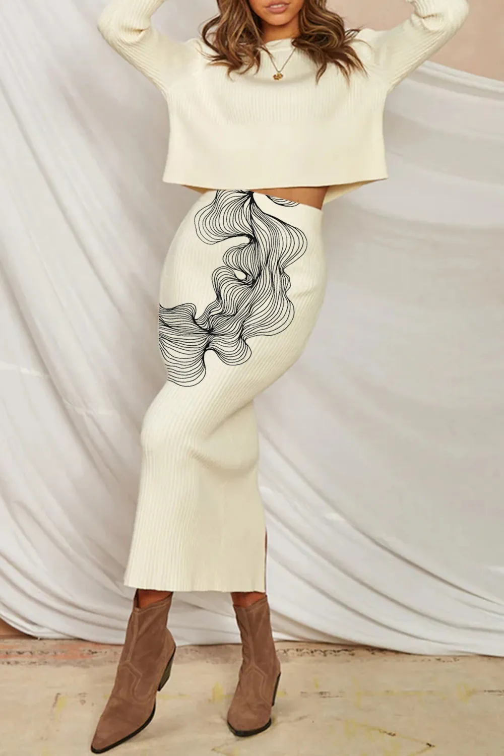 High Waist Rib Long Sleeve Winter Sweater Two Piece Dress - White
