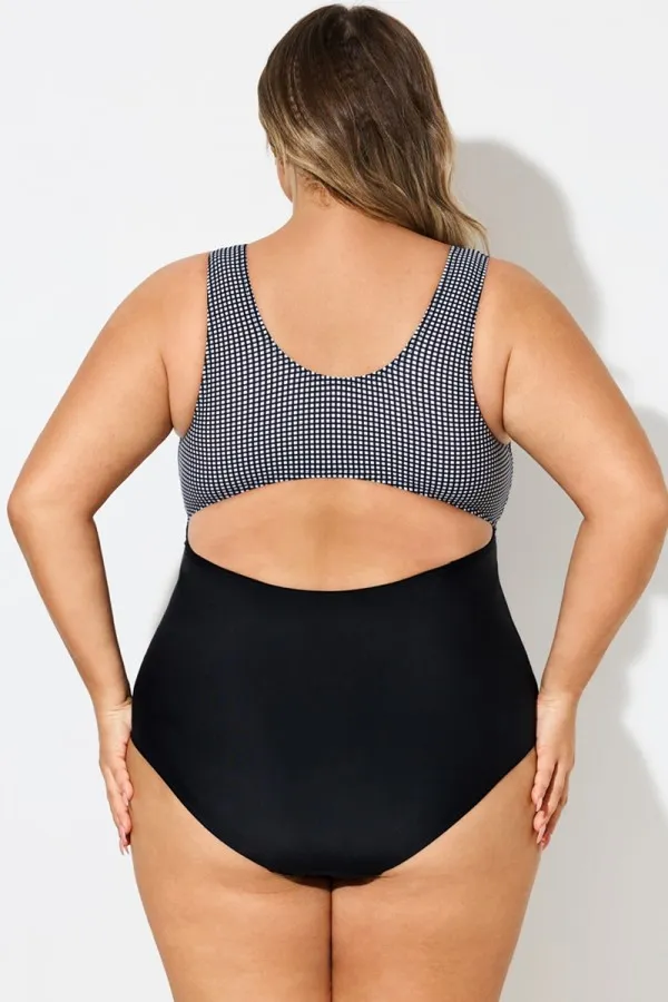 Black Checkers Front Knot One Piece Swimsuit