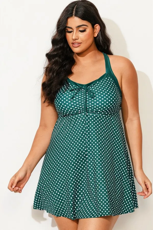 Plus Size Polka Dot Bowknot Detail Ruched Swim Dress