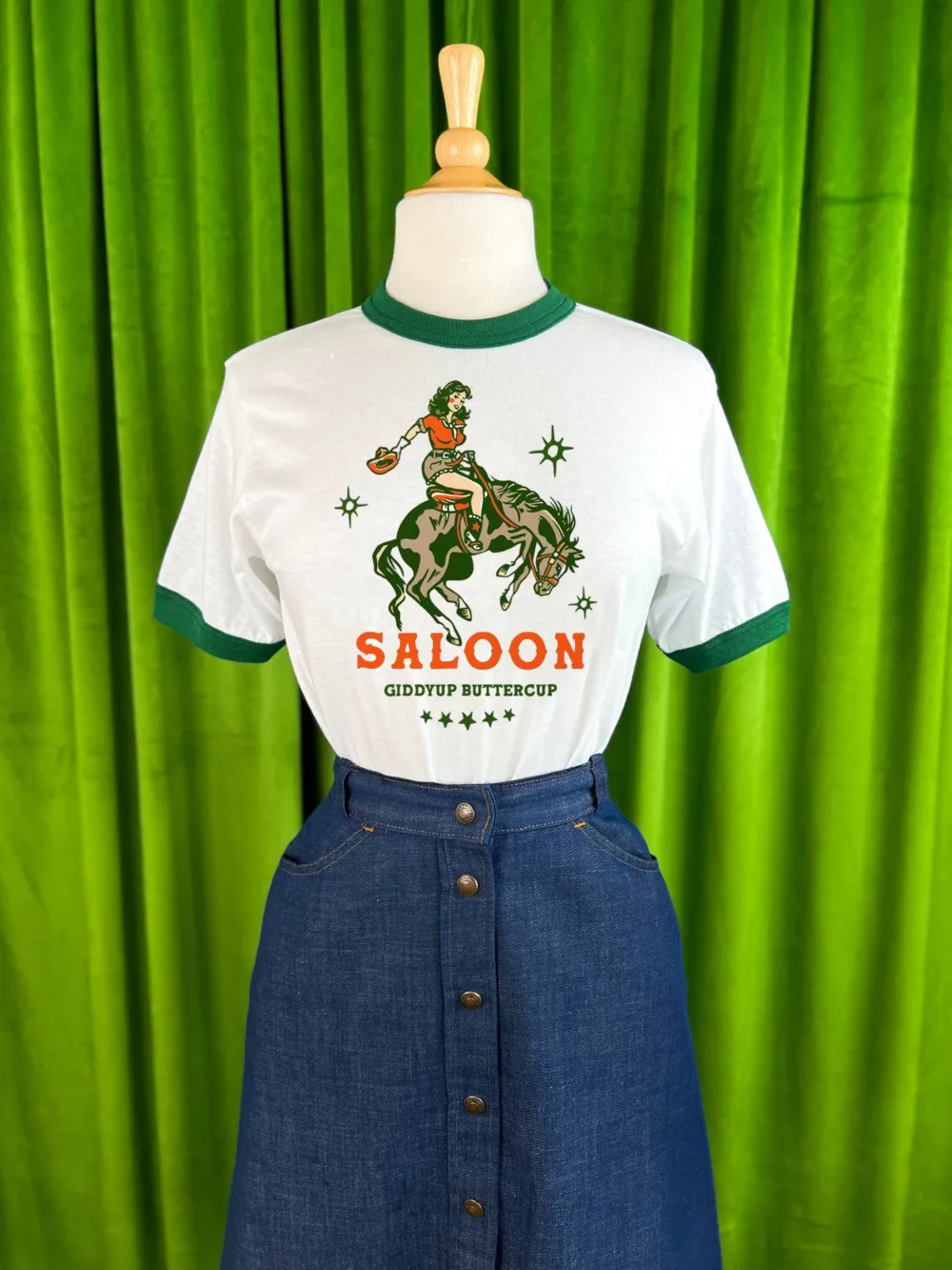 Rodeo Saloon Unisex Ringer Tee In Green Edge
