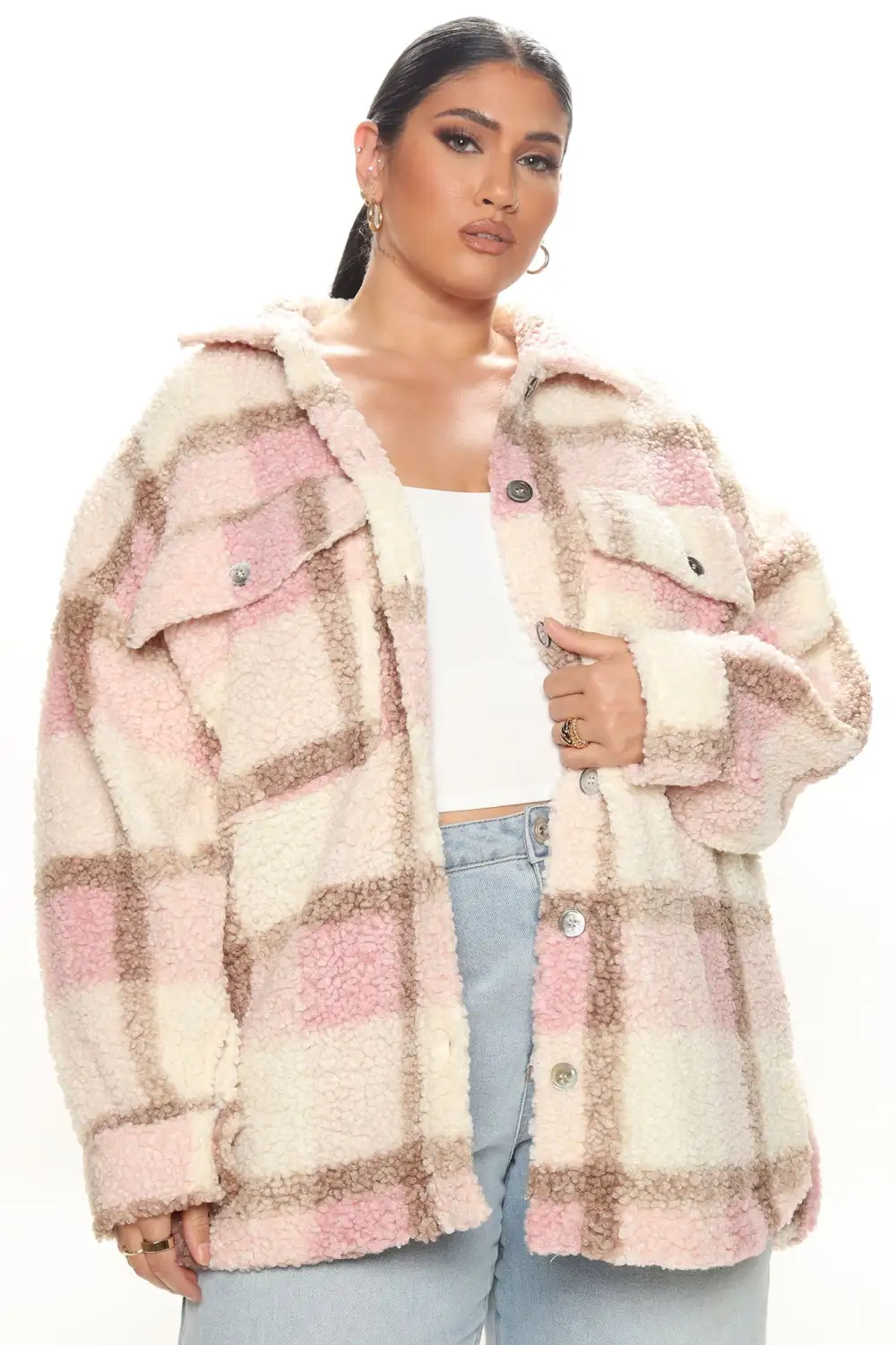 Sipping Coffee Sherpa Plaid Shacket - Mauve/combo