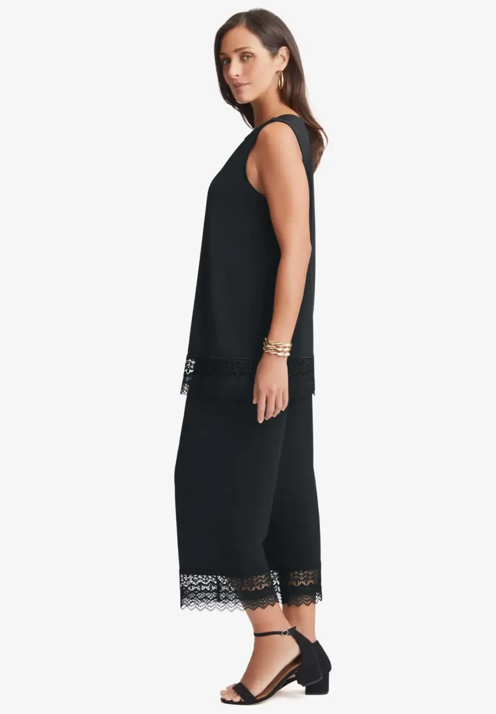2-Piece Stretch Knit Lace Trim Crop Set