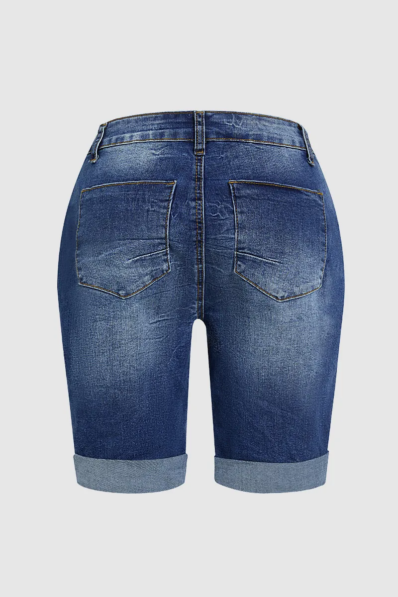 Wash Button Up Roll Hem High Waist Denim Mid Thigh Shorts