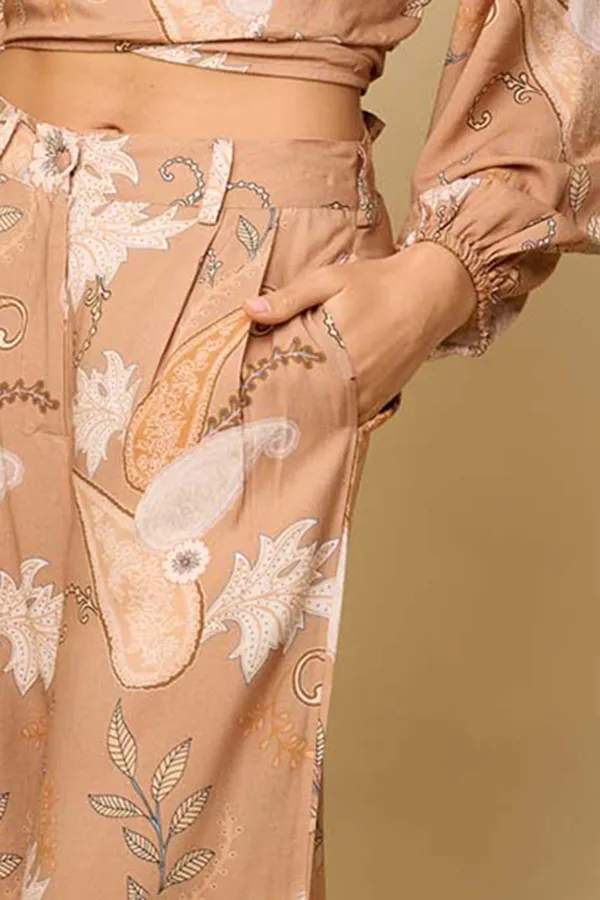 Tan Print Crop Top And Pants Set
