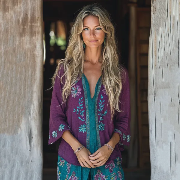 Retro Boho Tribal Floral Embroidery Print Cotton And Linen Blend Loose Blouse